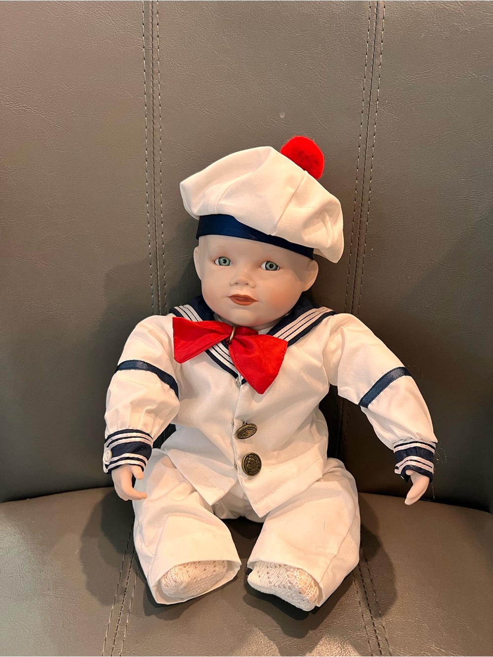 Vintage “Matthew”White Sailor Porcelain Baby Doll with Red Bow and Cap
